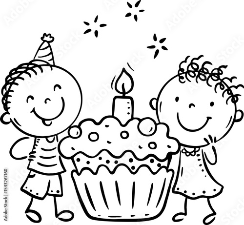 Birthday black and white clipart. Happy kids with cake
