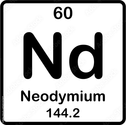 Chemical element of periodic table. Neodymium or Nd.