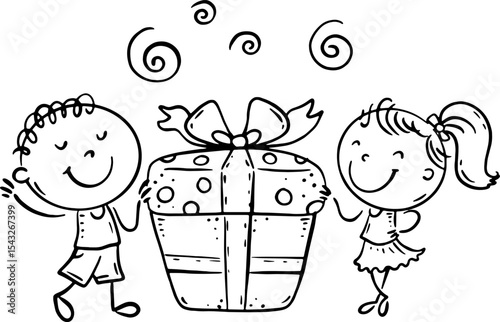 Black and white pictures. Funny kids with gift box