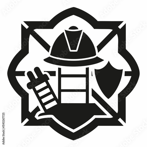 Fire department badge glyph icon. Firefighting emblem with helmet, ladder and extinguisher. Silhouette symbol