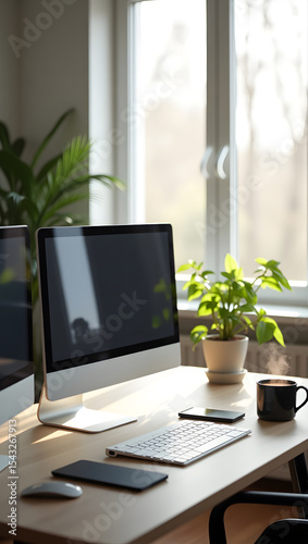 Minimalist Home Office with Dual Monitors, Green Plant, and Coffee Cup