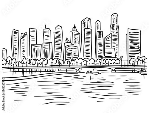 singapore skyline cityscape with river hand drawn sketch