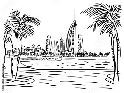 dubai skyline with burj al arab and palm trees hand drawn