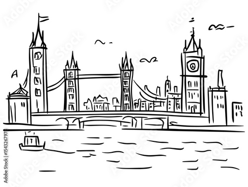 london tower bridge skyline hand drawn river sketch
