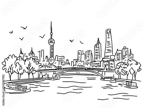 shanghai skyline with oriental pearl tower hand drawn