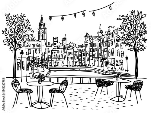 european old town square with cafe tables hand drawn
