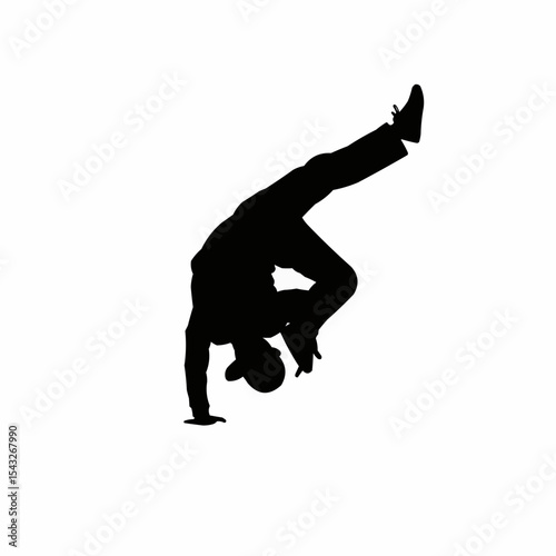 Breakdancer performing a handstand silhouette on white background  