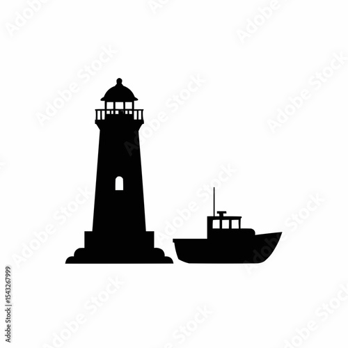 Lighthouse silhouette next to fishing boat in black color  