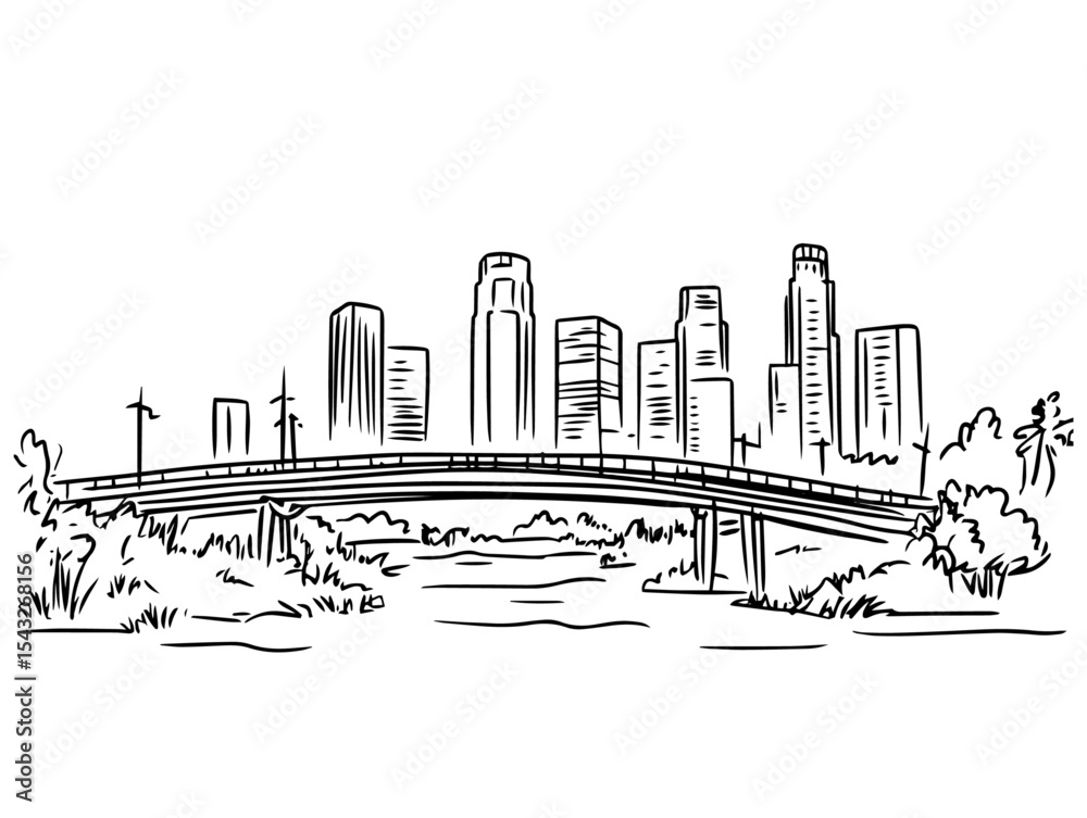 Naklejka premium modern city skyline with bridge hand drawn sketch