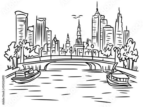 new york city skyline with bridge and boats illustration