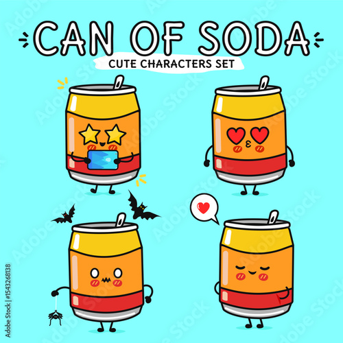 A delightful cartoon illustration featuring a collection of adorable soda can characters expressing different moods.