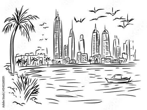 abu dhabi skyline with palm and boat hand drawn sketch