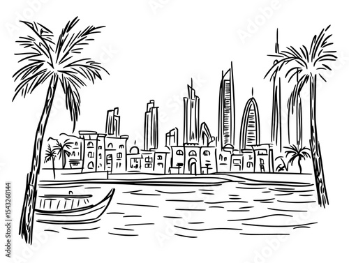 abu dhabi skyline with palm trees hand drawn illustration