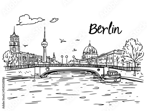 berlin germany river bridge skyline hand drawn sketch