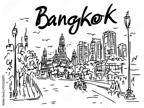 bangkok thailand city skyline hand drawn street view