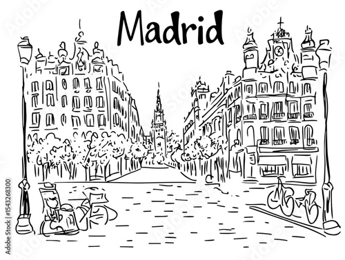 madrid spain city boulevard hand drawn street view