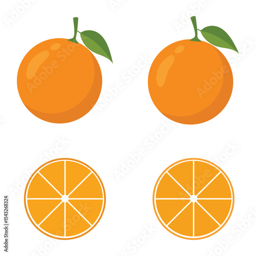 Orang fruit. Oranges that are segmented on a white background. Half Orange icon vector. Orange with green leaves. Vector illustration.