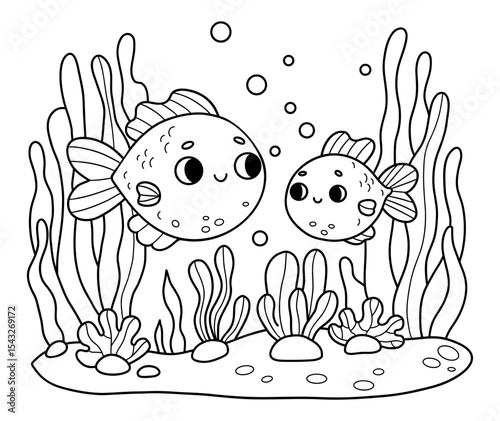 Outline Two Tropical Cute Fish swim among seaweed. Family Mom and Baby Fish. Coloring Page. Line drawing. Vector illustration. Kids collection