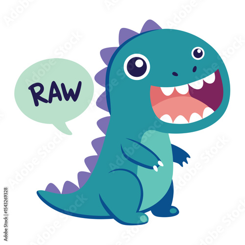 cute cartoon dino with speech bubble saying rawr