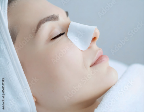 A female patient is shown resting peacefully in a bright, sterile clinic room with a nose bandage after rhinoplasty surgery, reflecting a calm and hygienic recovery environment.