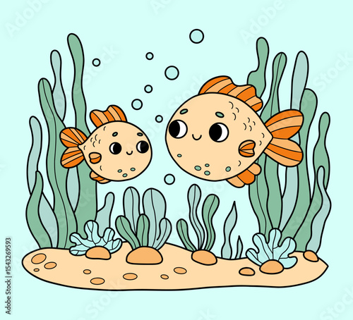 Two cute tropical fish on sea sandy day with algae. Funny family of characters. Big and small animal. Underwater seascape landscape. Color Hand Drawing. Vector illustration. Kids collection