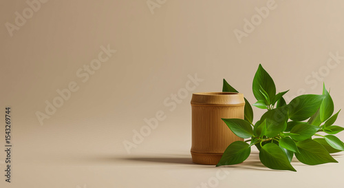 Light Beige Background Natural Bamboo Cup Green Leaves Minimalist Product Display bamboo container plant