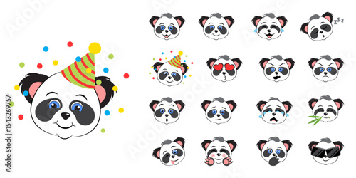 Large vector collection with cute pandas heads. Different panda emotions isolated on white. Character emoji, cute and lovely animals set. Vector 10.