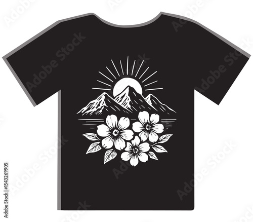 Mountain Sunrise with Flowers T-Shirt Design
