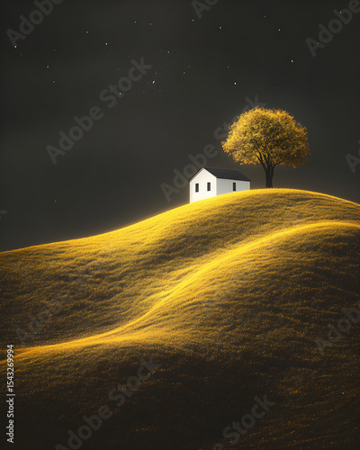 high quality image of dreamlike solitary tree and white house on golden hills ethereal glow ultra hd 8k vibrant bright vivid color simple clean design stock photo easy to understand visual art        