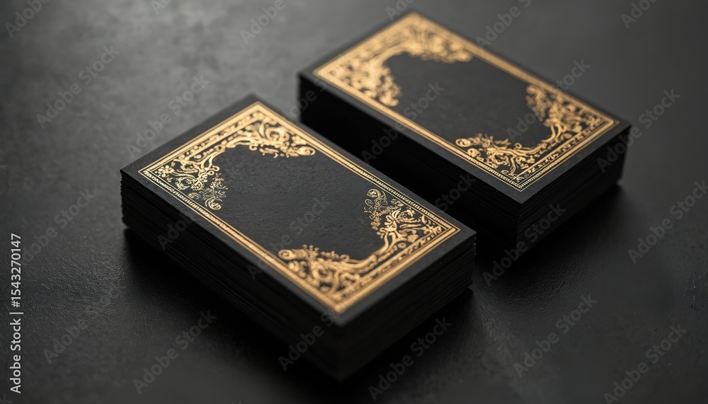 Fototapeta premium Elegant black business cards with gold pattern design on a dark table. Sleek, sophisticated, modern branding. Perfect for high-end businesses. Corporate identity for professionals. Luxury aesthetic.