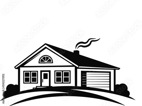 Black and White Illustration of a Suburban House with Attached Garage Smoke Emitting from Chimney Set Against a White Background