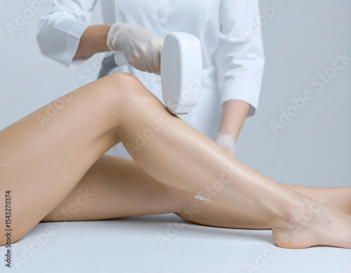 A woman undergoes a professional laser hair removal session on her leg in a clean, modern clinic with white interiors, showcasing hygiene and advanced beauty care.