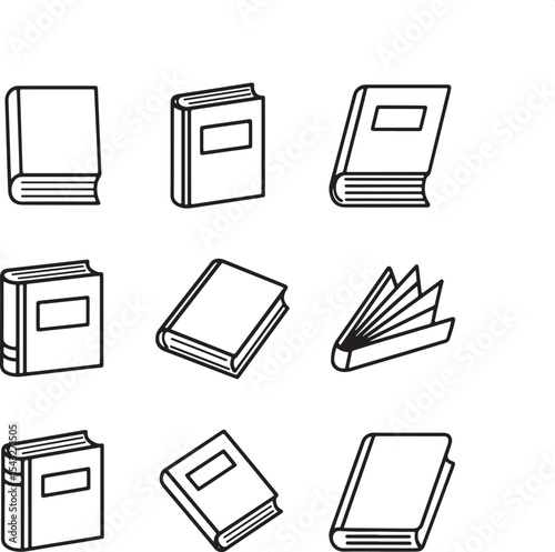Nine Black and White Line Drawings of Books in Various Positions and Orientations Illustrating Different Book Formats and Perspectives