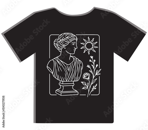 Greek Statue with Sun and Floral T-Shirt Design
