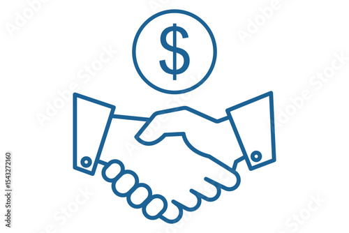 Business handshake with dollar symbol icons, handshake icon set, partnership deal icon, business agreement, deal icon, dollar icon, money and coin icons, successful deal, vector illustration. Line art