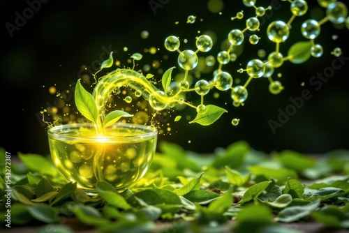 green tea leaves transforming into glowing polyphenol molecules, flowing toward heart, symbolic healing energy.