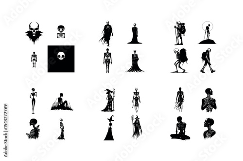Spooky skeleton silhouettes collection