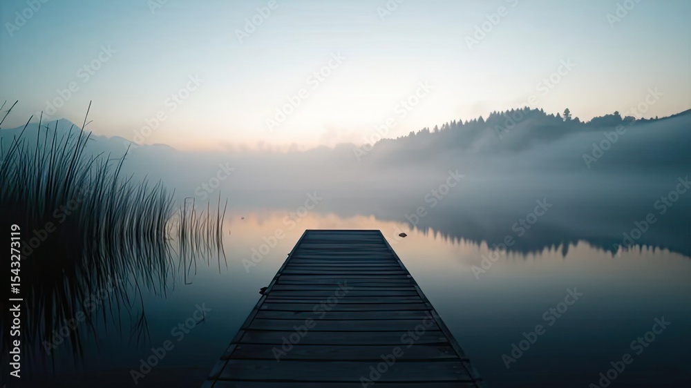 Fototapeta premium Misty Sunrise on the Wooden Lake Dock