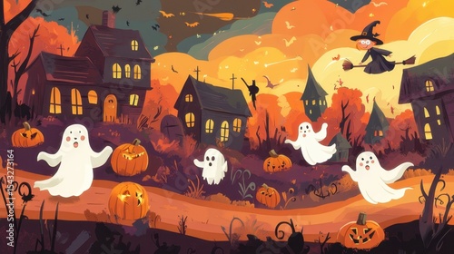 Children in Halloween costumes trick-or-treating in a cartoon village at night, full moon in the background