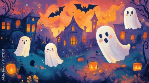 Children in Halloween costumes trick-or-treating in a cartoon village at night, full moon in the background