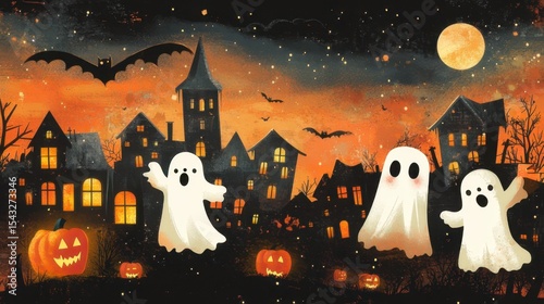 Children in Halloween costumes trick-or-treating in a cartoon village at night, full moon in the background