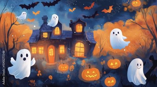 Children in Halloween costumes trick-or-treating in a cartoon village at night, full moon in the background