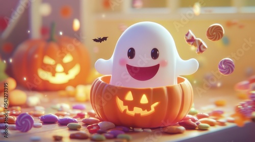 Children in Halloween costumes trick-or-treating in a cartoon village at night, full moon in the background