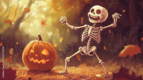 Children in Halloween costumes trick-or-treating in a cartoon village at night, full moon in the background