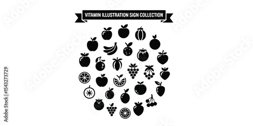 Black and white fruit icons arranged in a circle with a banner at the top of the illustration