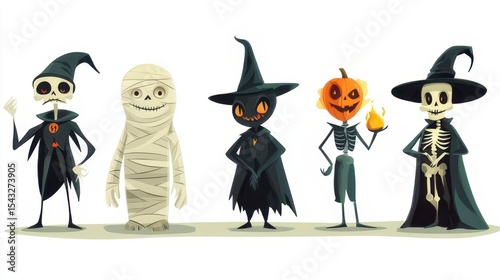 Children in Halloween costumes trick-or-treating in a cartoon village at night, full moon in the background