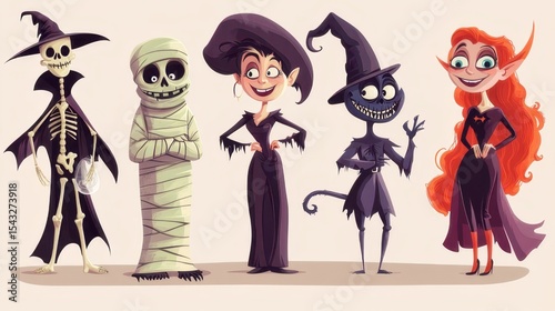 Children in Halloween costumes trick-or-treating in a cartoon village at night, full moon in the background