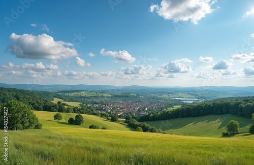 Wallpaper Mural Pays dArgonne countryside landscape, village between hills under blue summer sky. Panorama shows hills, fields, trees, town with architecture. Beautiful scenery in France, Europe. Summer travel. Torontodigital.ca