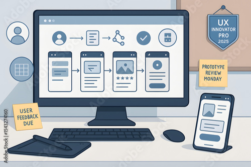UX Design Workflow on Computer with Mobile Prototype and Sticky Notes