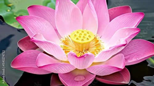 A pink lotus flower with a yellow center floating in dark water with green leaves